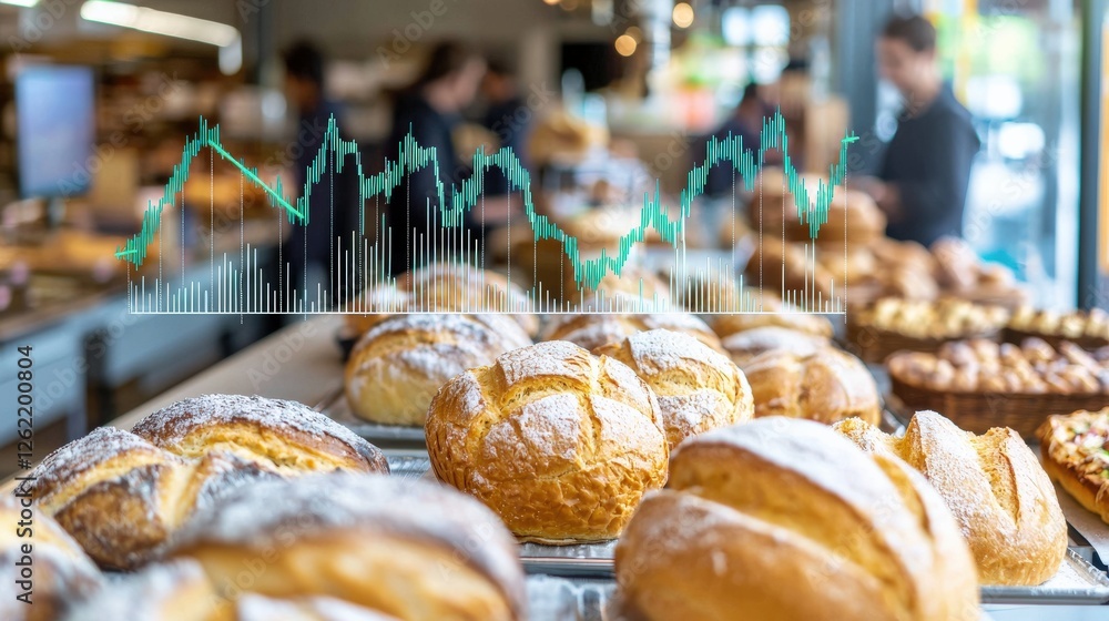 Poster a bakery counter with a line graph showing daily sales trends.