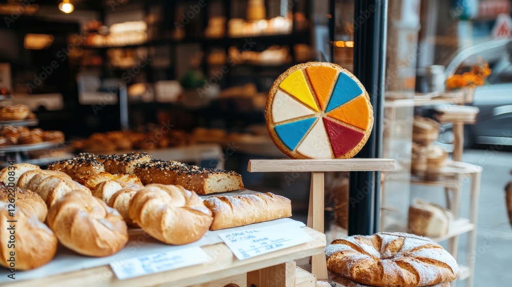 Poster a bakery counter with a pie chart comparing ingredient costs.