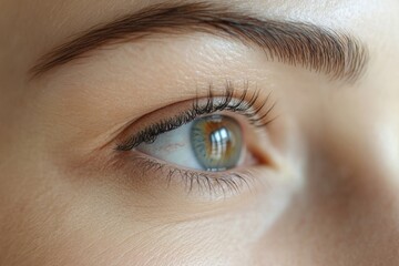 Obraz premium Blepharoplasty. Woman with unusual eye color touching eyelid skin and pointing to the wrinkles on the upper eyelid, closeup shot, Generative AI