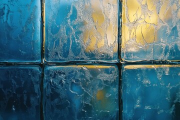 Textured glass blocks display a blue and gold abstract pattern