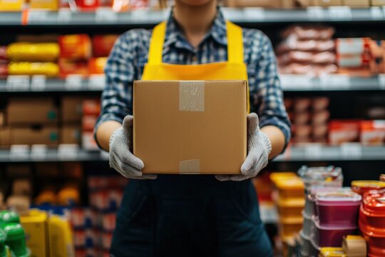 Female worker holding box in grocery store aisle