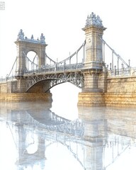 Naklejka premium Historic architectural photograph of the Chain Bridge in Budapest, reflecting in calm river waters, capturing the iconic structure’s timeless beauty and cultural significance