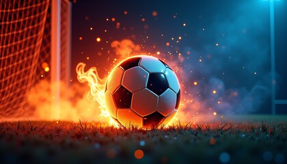 Fototapeta premium Fiery soccer ball glowing with flames near goalpost in dramatic lighting