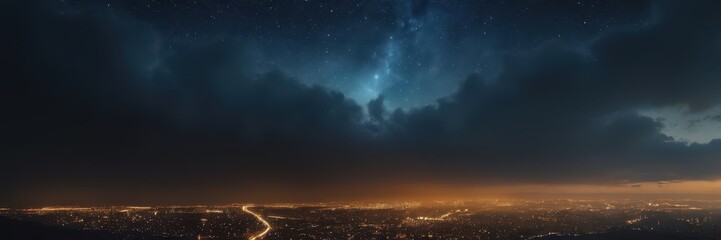 Obraz premium panorama of the night city in the distance shines lights huge night sky with stars, beautiful night landscape, blog about traveling, flying, meditation, holidays, urban environment