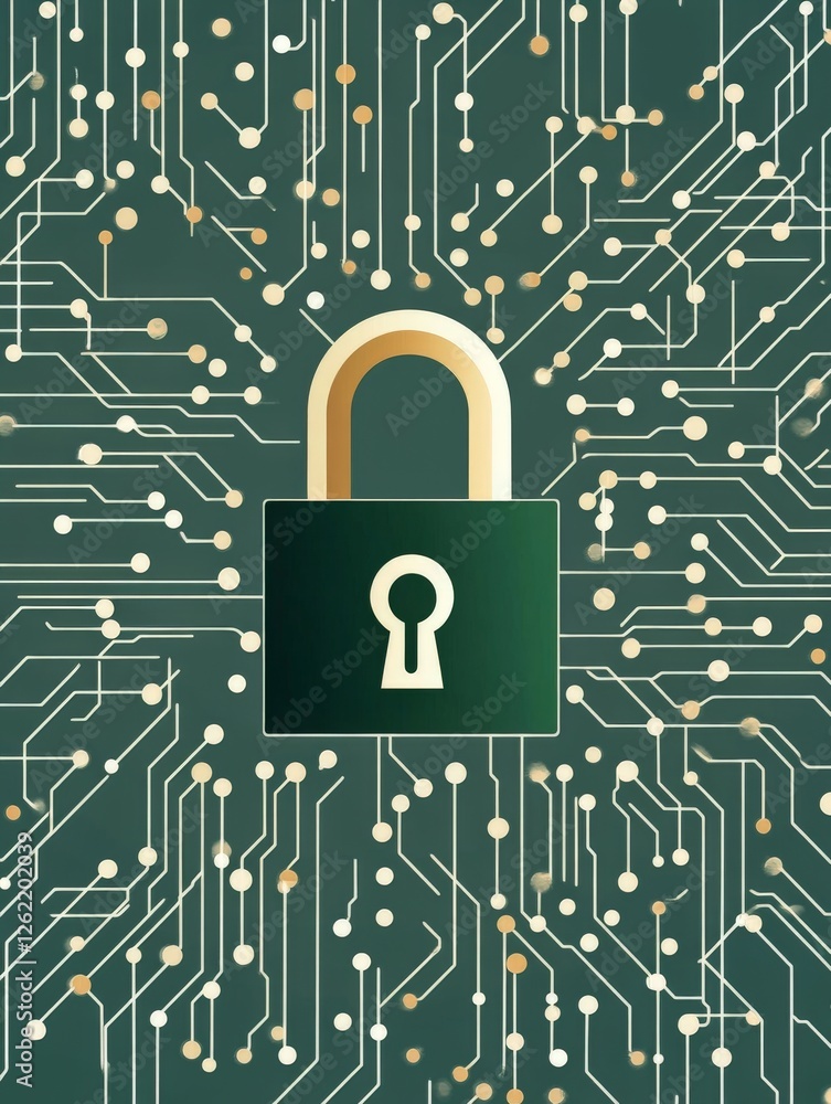 Aufkleber circuit board with glowing green lock icon representing data encryption, cybersecurity, and technolo