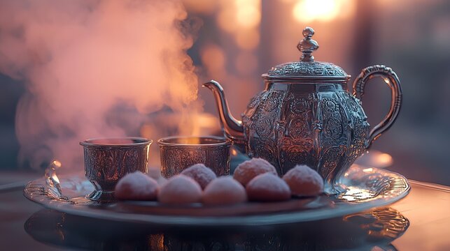 Silver teapot, steaming tea, cookies, sunset background; perfect for relaxation, hospitality, or Middle Eastern culture imagery