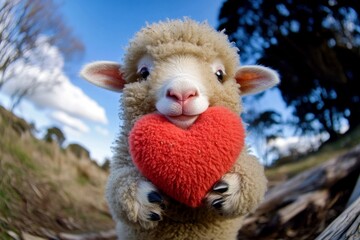 Sheep - my cherished animal. Cute sheep baby with fluffy red heart on in a natural habitat. Ad animal visual idea. Cute romantic animals. Heart-shaped nature scene. Love and beauty in the wil.