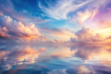 Fototapeta premium Serene Sunset Reflection A Captivating Panorama of Colorful Clouds Mirrored in Calm Waters