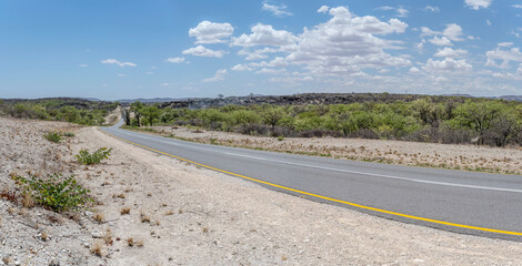 road C29 in green countryside, near Ozongaka, Namibia