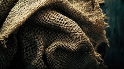Rustic burlap texture, draped fabric, dark background, food photography
