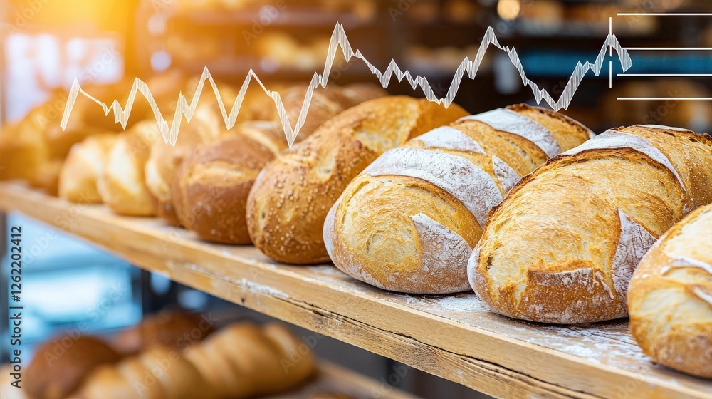 Poster a bakery shelf filled with bread, with a line graph showing price trends.