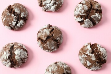 Delicious brownie cookies on color background