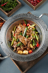 Braised beef with garlic, garlic sprouts, rice and pepper