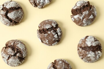 Delicious brownie cookies on color background