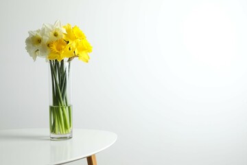 Fresh spring daffodils in a vase on a table