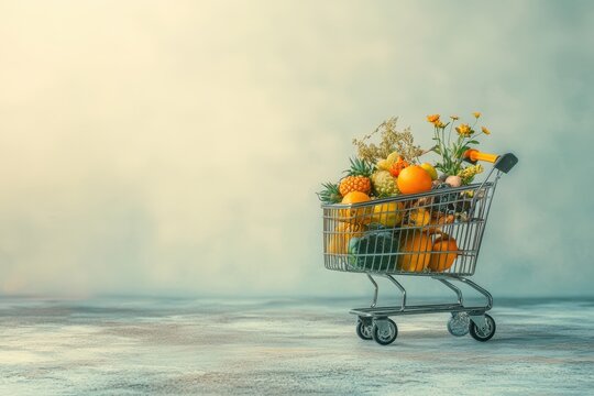 Mini shopping cart filled with fresh fruits and flowers on neutral background