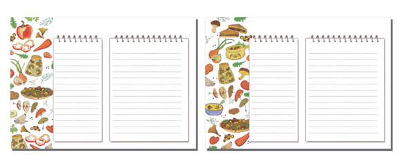 Pages for recording cooking recipes with drawings of products, vegetables and mushrooms. Vector illustration
