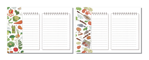 Cooking recipe record pages with drawings of picnic foods and vegetables. Vector illustration
