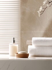 A luxurious spa retreat, warm candlelight reflecting off marble walls, soft ambient music playing, immersive relaxation, multisensorial indulgence, fine textures, copyspace