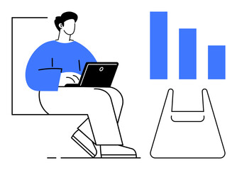 A person sits working on a laptop beside a shopping bag and a three-bar chart. Ideal for e-commerce, online shopping, data analytics, business productivity, digital marketing, retail strategy