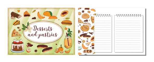 Page and cover for cookbook recipe record book with drawings of baked goods and desserts. Vector illustration