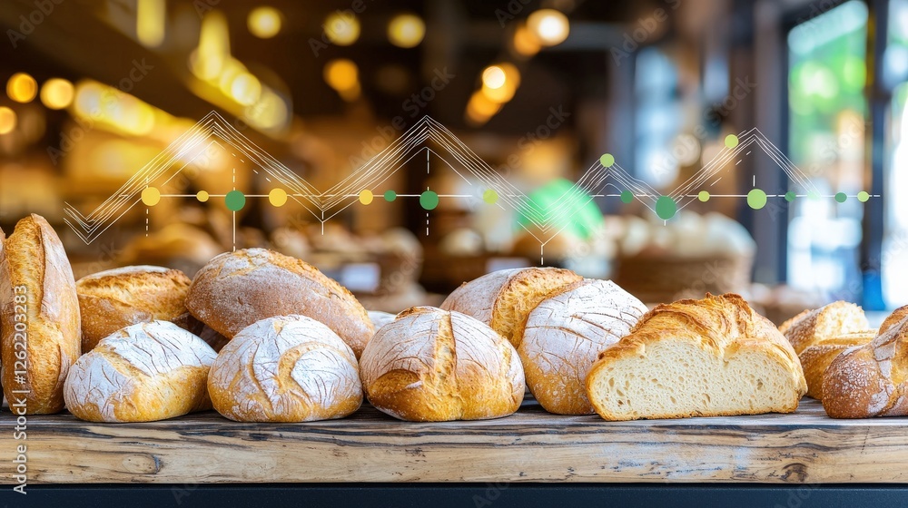 Poster a bakery shelf filled with bread, with a line graph showing price trends.