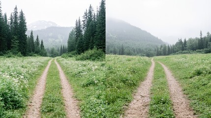 Obraz premium Mountain meadow dirt road splits, misty view