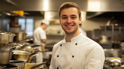 A young male chef smiles in a professional kitchen setting, showcasing his culinary skills. The busy atmosphere highlights passion and dedication to gastronomy.