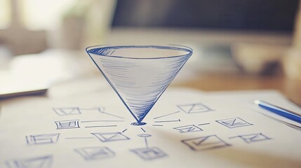 Sales funnel sketch on desk, office background
