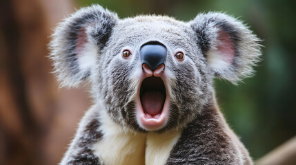 Fototapeta premium surprised koala with wide open mouth and expressive eyes, showcasing its unique features in natural setting. This adorable animal captures attention with its playful demeanor