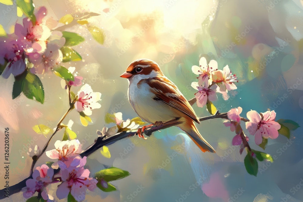 Poster sparrow perched on a flowering branch enjoying a sunny day in springtime, sparrow sitting on a flowe