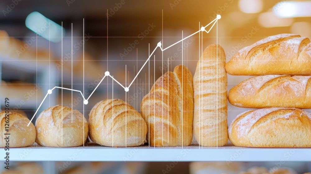 Poster a bakery shelf filled with bread, with a line graph showing price trends.