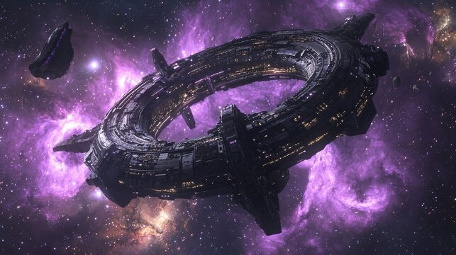 Futuristic spaceship hovering near a glowing purple nebula. Sci-fi exploration, deep space travel, alien technology, cosmic wonder, intergalactic adventure, advanced starship. Generative AI