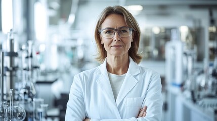 Fototapeta premium A middle-aged European woman in a white coat stands confidently in a laboratory, showcasing her expertise in a professional scientific environment.