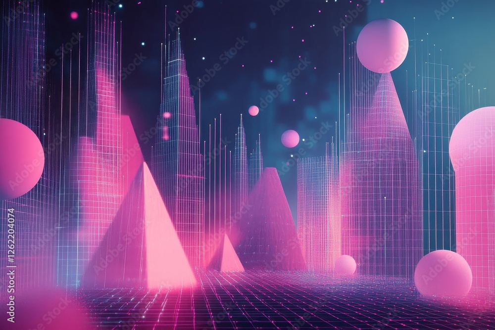 Poster dynamic shapes moving over data processing in a vibrant digital landscape, shapes moving over data p
