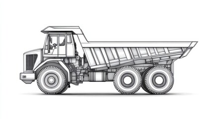 Obraz premium Detailed Side View of a Heavy-Duty Dump Truck in Outline Style