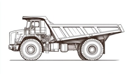 Detailed Line Art of a Heavy-Duty Dump Truck in Profile View