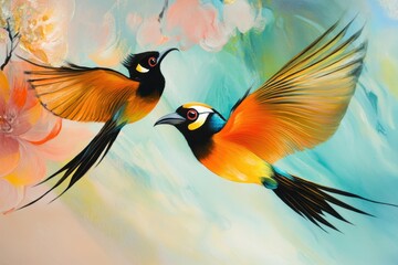 Fototapeta premium Vibrant birds of paradise facing the camera in a colorful tropical setting, two birds of paradise look at the camera with interest and then fly away