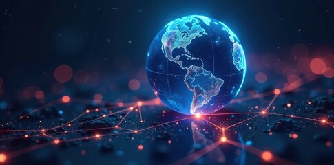 Blue globe encased in glowing network lines, futuristic technology , global network, technology