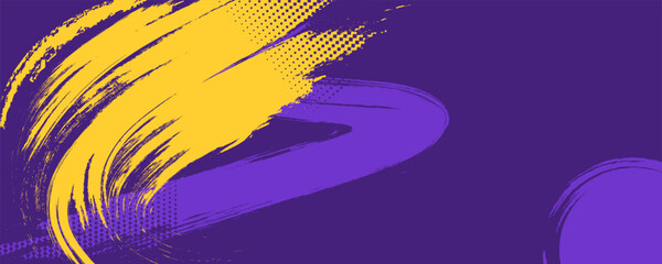 Brush stroke yellow and purple abstract sports background with grunge texture, and halftone effect