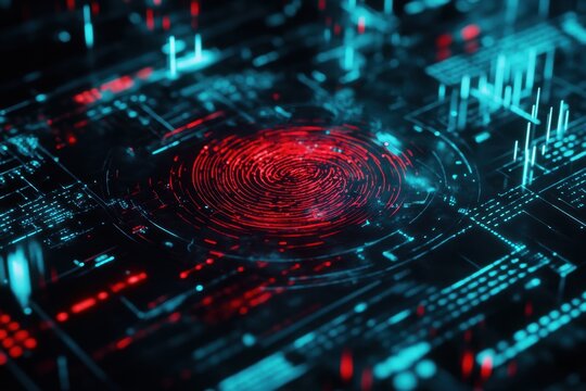 Biometric fingerprint analysis integrated with digital data processing in futuristic technology, biometric fingerprint over digital data processing on dark background