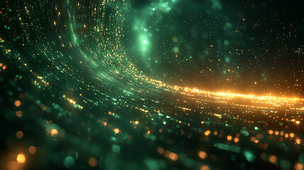 Fototapeta premium Emerald and Gold Galaxy: Sparkling Abstract Background. Shimmering cosmic dust and vibrant lights create a magical universe scene.