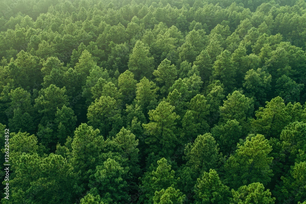Poster drone shot captures lush evergreen forest tree tops in hazy atmosphere at dawn, drone dolly of everg