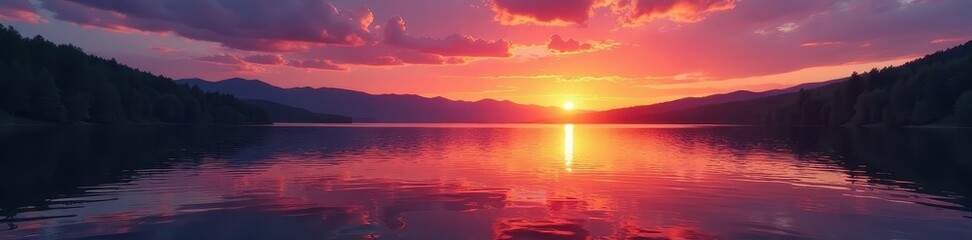 Obraz premium Fiery hues paint the lake's calm surface at sunset , reflection, sunset