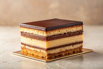 A delectable layered dessert with chocolate ganache, sponge cake, and creamy filling, presented on a golden serving plate