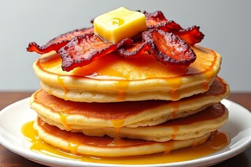 Delicious Stack of Pancakes with Crispy Bacon and Butter