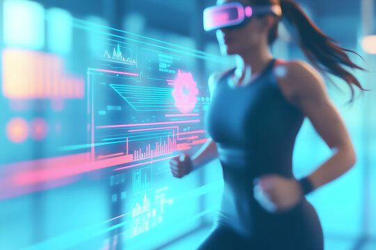 A woman in fitness attire runs while wearing a VR headset, surrounded by digital graphs and data, blending technology with exercise. - Powered by Adobe