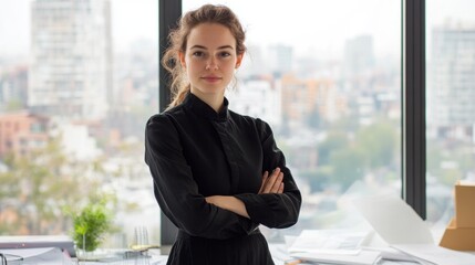 A young female architect stands confidently in a modern office with city views, showcasing a professional and creative environment filled with design plans and projects.