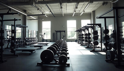 Fototapeta premium Modern Gym Interior with Natural Light, Gym center, Modern Fitness Gym with Exercise Equipment, created with generative ai