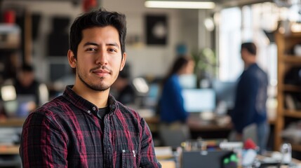 Fototapeta premium A young Hispanic male entrepreneur stands confidently in a modern tech workspace, exuding professionalism and determination. Ideal for business-focused themes.
